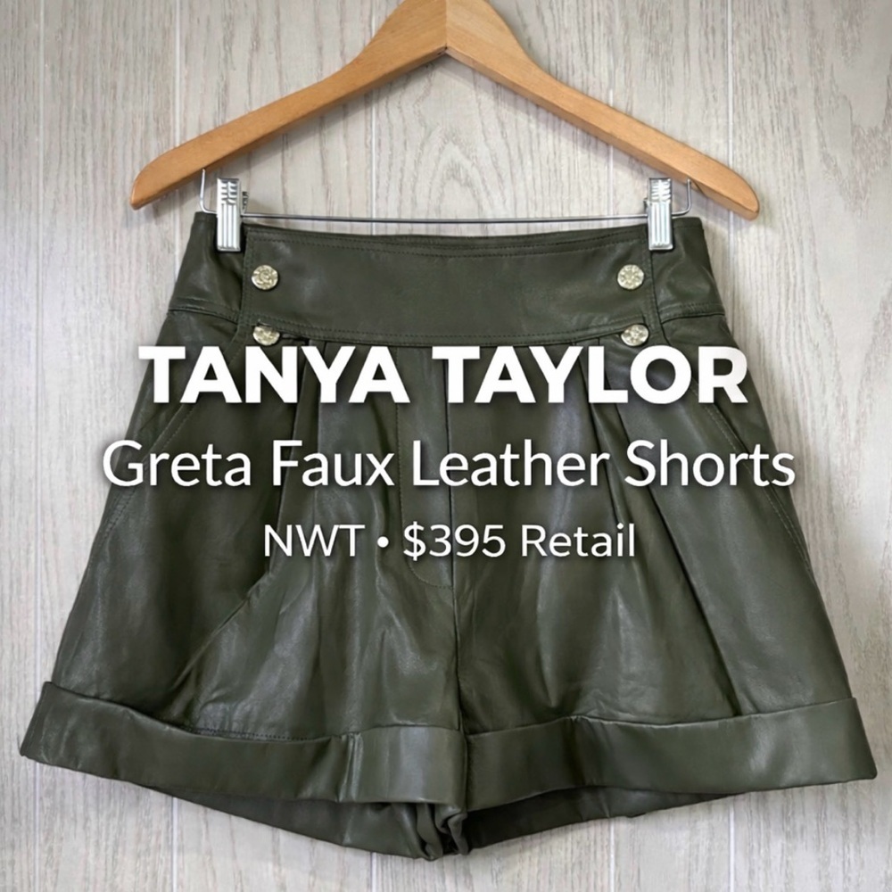 Tanya Taylor Greta Faux Leather Shorts Olive Green Size 6 NWT